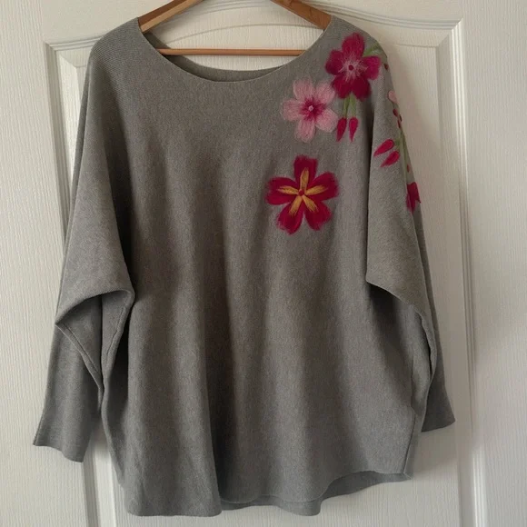 Aaeda Plus 1X Grey Felted Floral Print Long Slouchy Tunic Long Winter Sweater - Picture 1 of 4